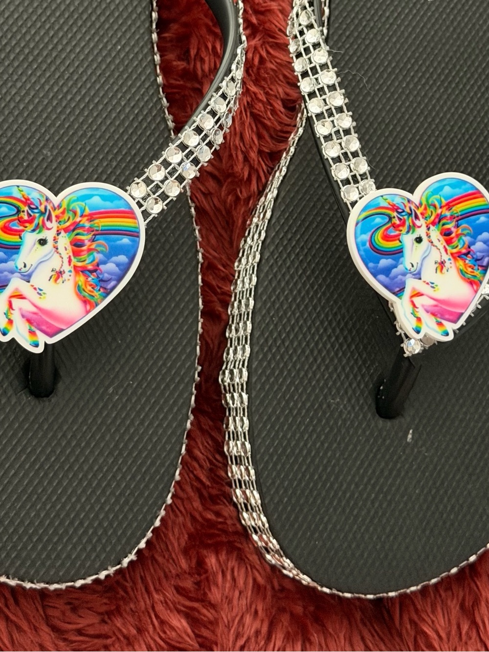 Women's Rainbow Unicorn Heart Rhinestone Flip Flops - Black